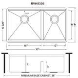 Dimensions Image for Ruvati Roma 33" Undermount Stainless Steel Workstation Kitchen Sink, 60/40 Double Bowl, 16 Gauge, RVH8356