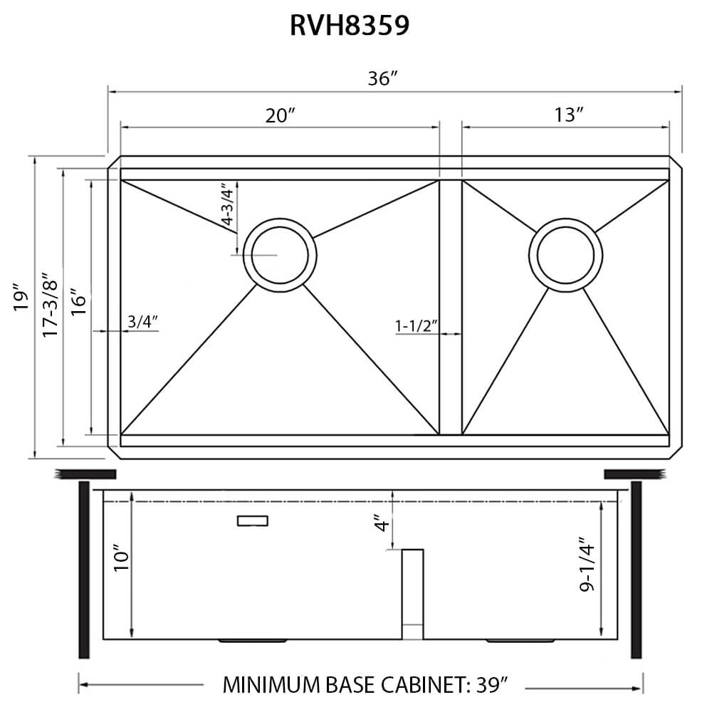 Dimensions Image for Ruvati Roma 36" Undermount Stainless Steel Workstation Kitchen Sink, 60/40 Double Bowl, 16 Gauge, RVH8359