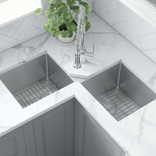 Main Image of Ruvati Gravena 43" Undermount Corner Stainless Steel Kitchen Sink, 50/50 Double Bowl, 16 Gauge, RVH8400