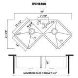 Dimensions Image for Ruvati Gravena 43" Undermount Corner Stainless Steel Kitchen Sink, 50/50 Double Bowl, 16 Gauge, RVH8400