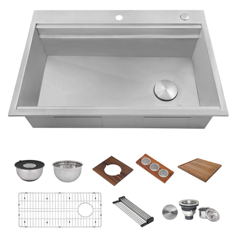 Ruvati Dual-Tier 33" Drop-in Topmount Stainless Steel Workstation Kitchen Sink, 16 Gauge, RVH8424