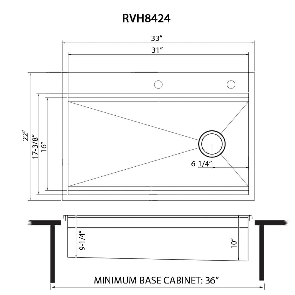 Dimensions Image for Ruvati Dual-Tier 33" Drop-in Topmount Stainless Steel Workstation Kitchen Sink, 16 Gauge, RVH8424