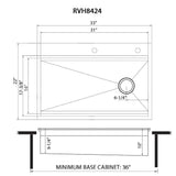 Dimensions for Ruvati Dual-Tier 33" Drop-in Topmount Stainless Steel Workstation Kitchen Sink, 16 Gauge, RVH8424