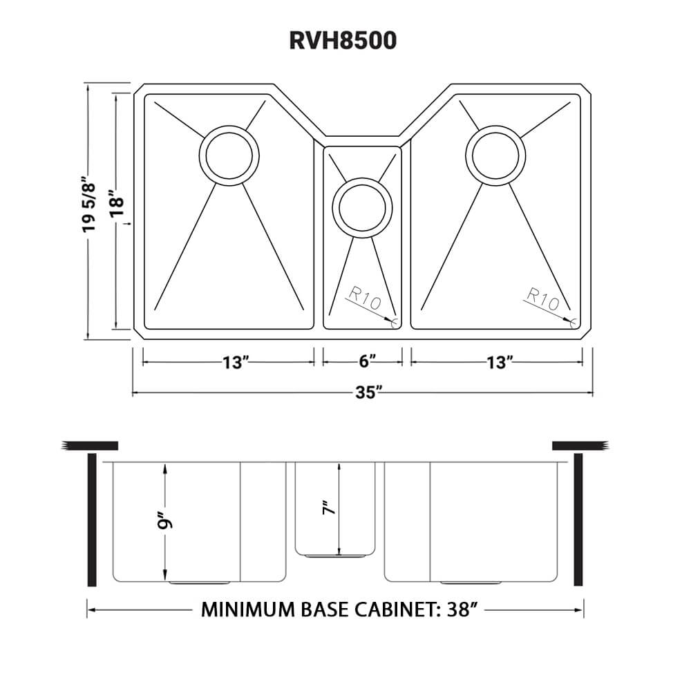 Dimensions Image for Ruvati Gravena 35" Undermount Stainless Steel Kitchen Sink, 40/20/40 Triple Bowl, 16 Gauge, RVH8500