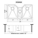 Dimensions for Ruvati Gravena 35" Undermount Stainless Steel Kitchen Sink, 40/20/40 Triple Bowl, 16 Gauge, RVH8500