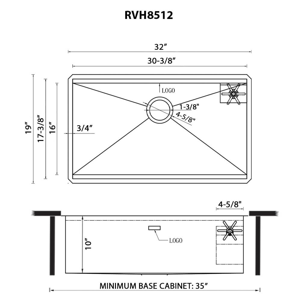 Dimensions Image for Ruvati Ibiza 32-inch Glass Rinser and Sink Combo Workstation Ledge Undermount 16 Gauge Stainless Steel Kitchen Sink Single Bowl, 16, RVH8512