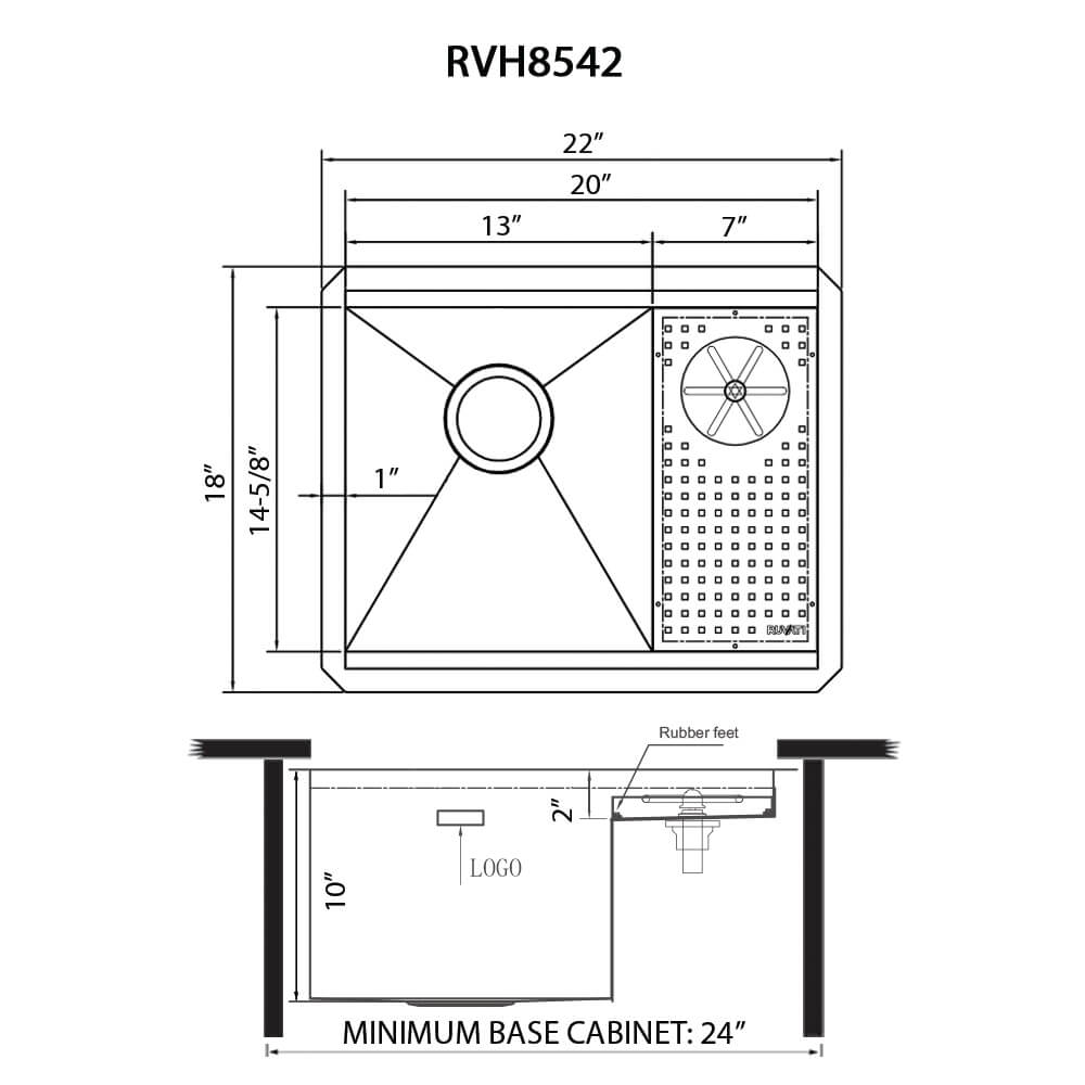 Dimensions Image for Ruvati Glass Rinser and Sink Combo 22 inch Workstation for Wet Bar Bottle Washer Undermount, RVH8542ST