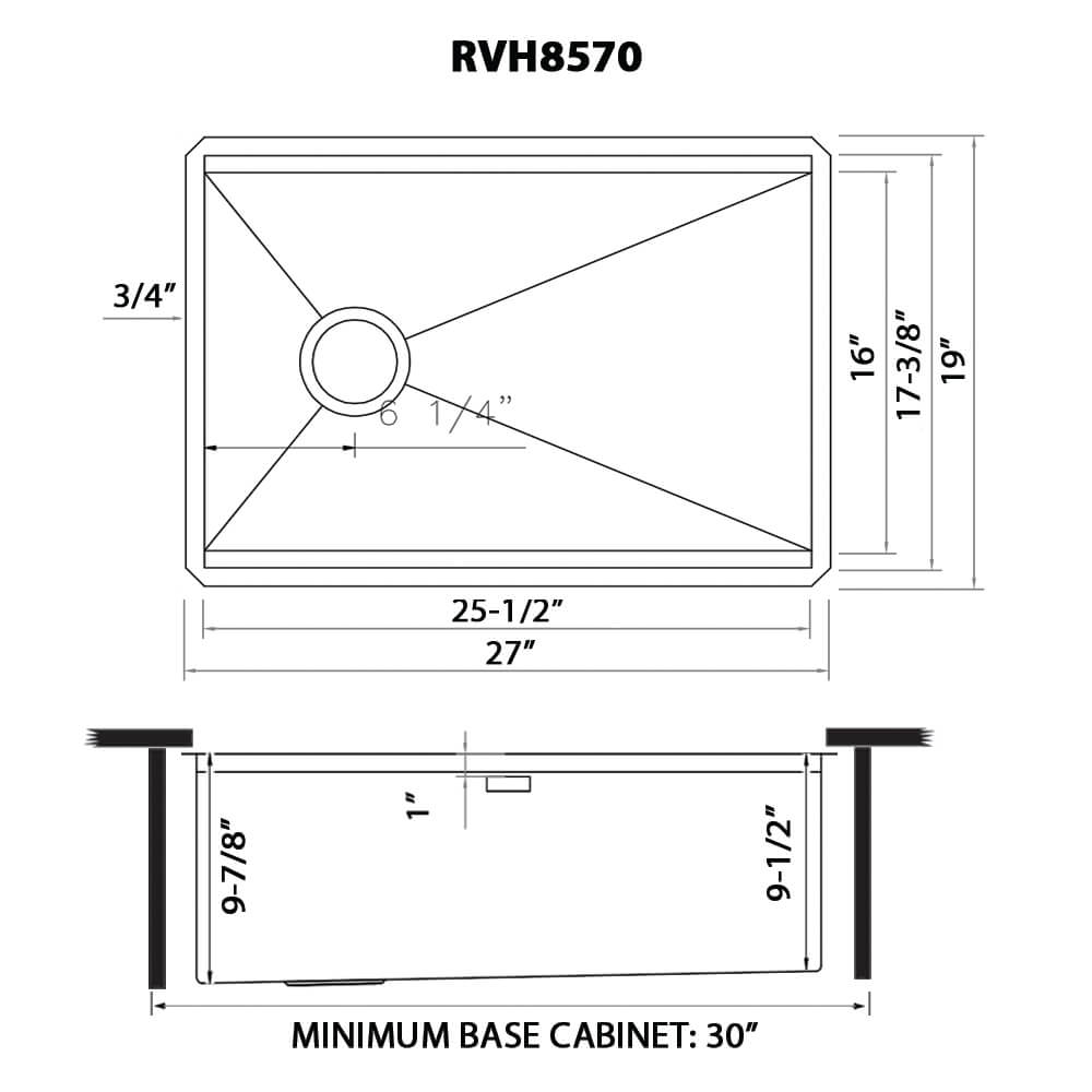 Dimensions Image for Ruvati Veniso 27" Slope Bottom Offset Drain Undermount Stainless Steel Workstation Kitchen Sink, 16 Gauge, RVH8570