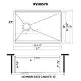 Dimensions for Ruvati Veniso 27" Slope Bottom Offset Drain Undermount Stainless Steel Workstation Kitchen Sink, 16 Gauge, RVH8570
