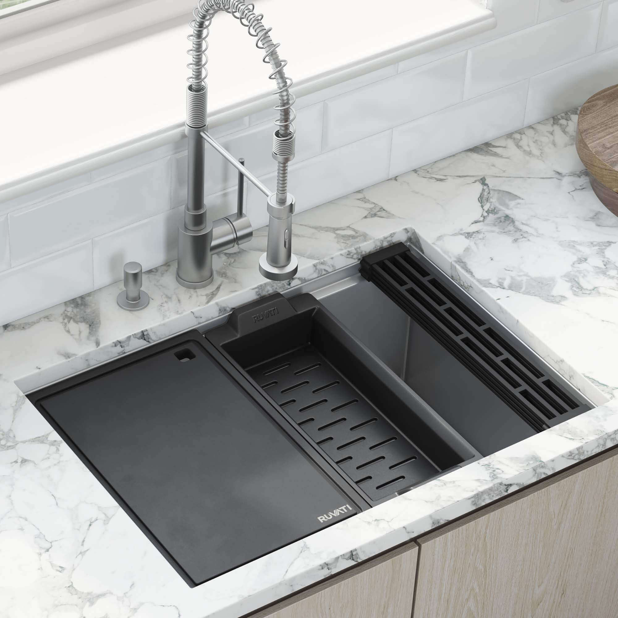Main Image of Ruvati Veniso Nova 27" Slope Bottom Offset Drain Undermount Stainless Steel Workstation Kitchen Sink, 16 Gauge, RVH8573