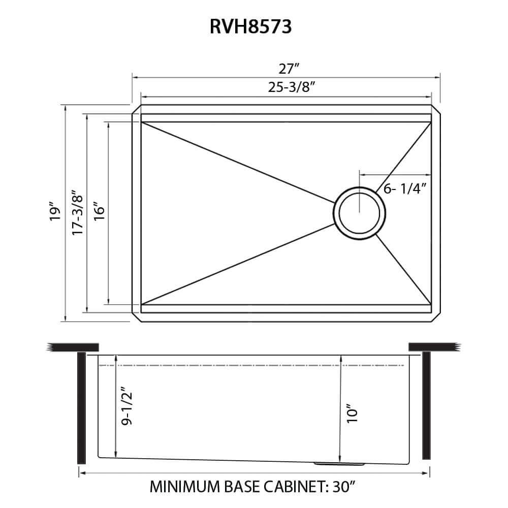 Dimensions Image for Ruvati Veniso Nova 27" Slope Bottom Offset Drain Undermount Stainless Steel Workstation Kitchen Sink, 16 Gauge, RVH8573