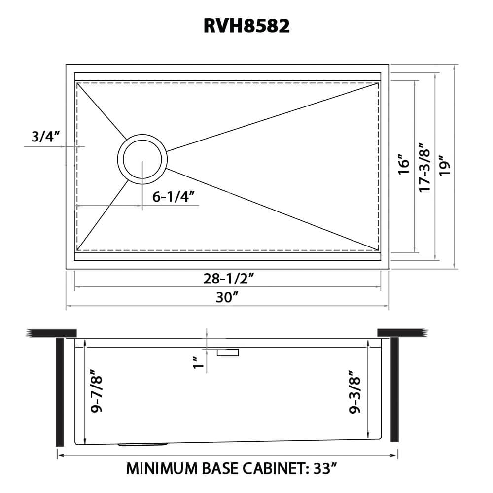 Dimensions Image for Ruvati Veniso 30" Slope Bottom Offset Drain Undermount Stainless Steel Workstation Kitchen Sink, 16 Gauge, RVH8582