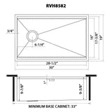 Dimensions for Ruvati Veniso 30" Slope Bottom Offset Drain Undermount Stainless Steel Workstation Kitchen Sink, 16 Gauge, RVH8582