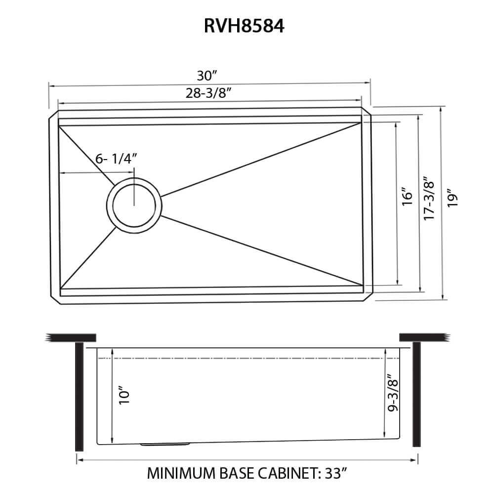 Dimensions Image for Ruvati Veniso Nova 30" Slope Bottom Offset Drain Undermount Stainless Steel Workstation Kitchen Sink, 16 Gauge, RVH8584