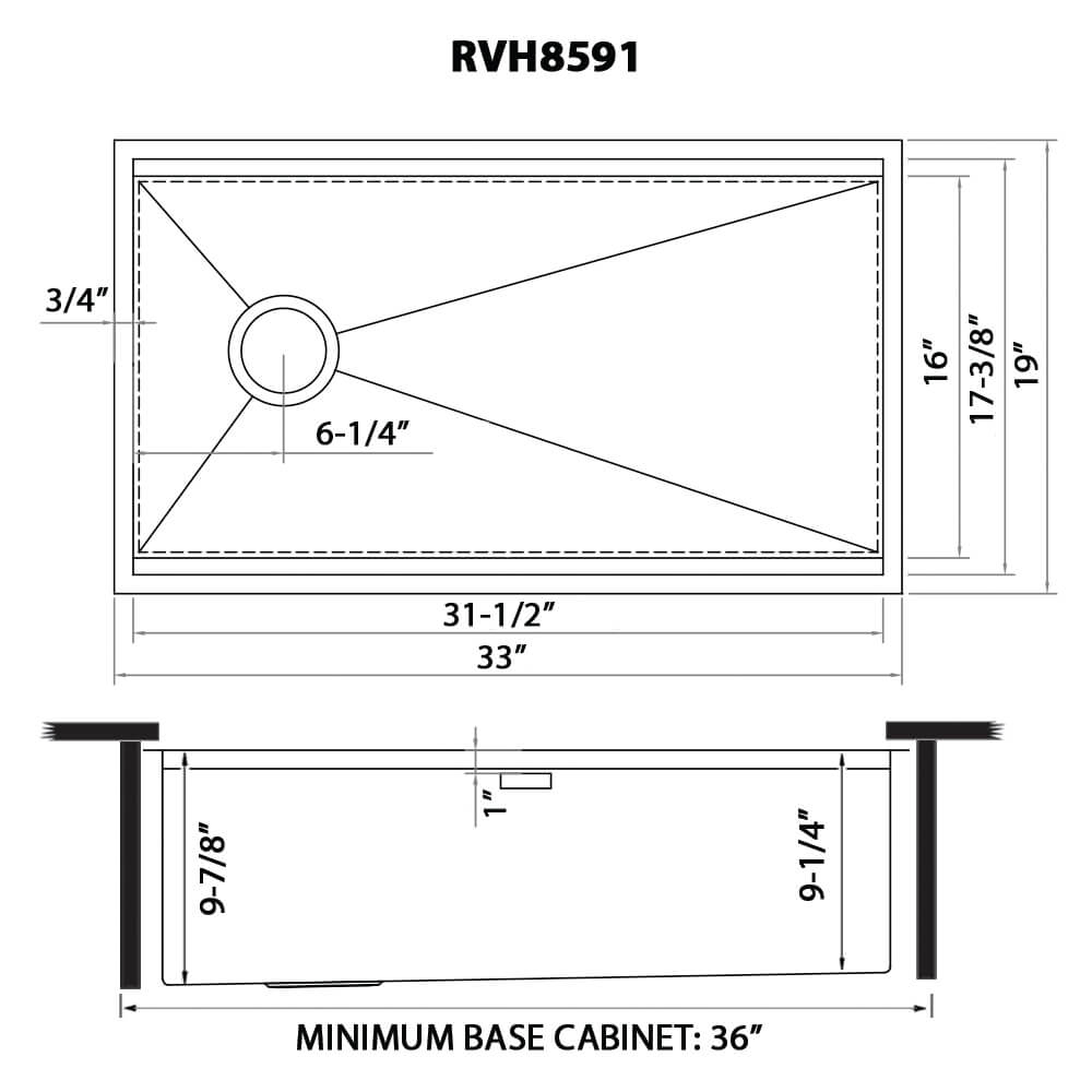Dimensions Image for Ruvati Veniso 33" Slope Bottom Offset Drain Undermount Stainless Steel Workstation Kitchen Sink, 16 Gauge, RVH8591