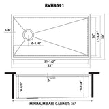 Dimensions for Ruvati Veniso 33" Slope Bottom Offset Drain Undermount Stainless Steel Workstation Kitchen Sink, 16 Gauge, RVH8591