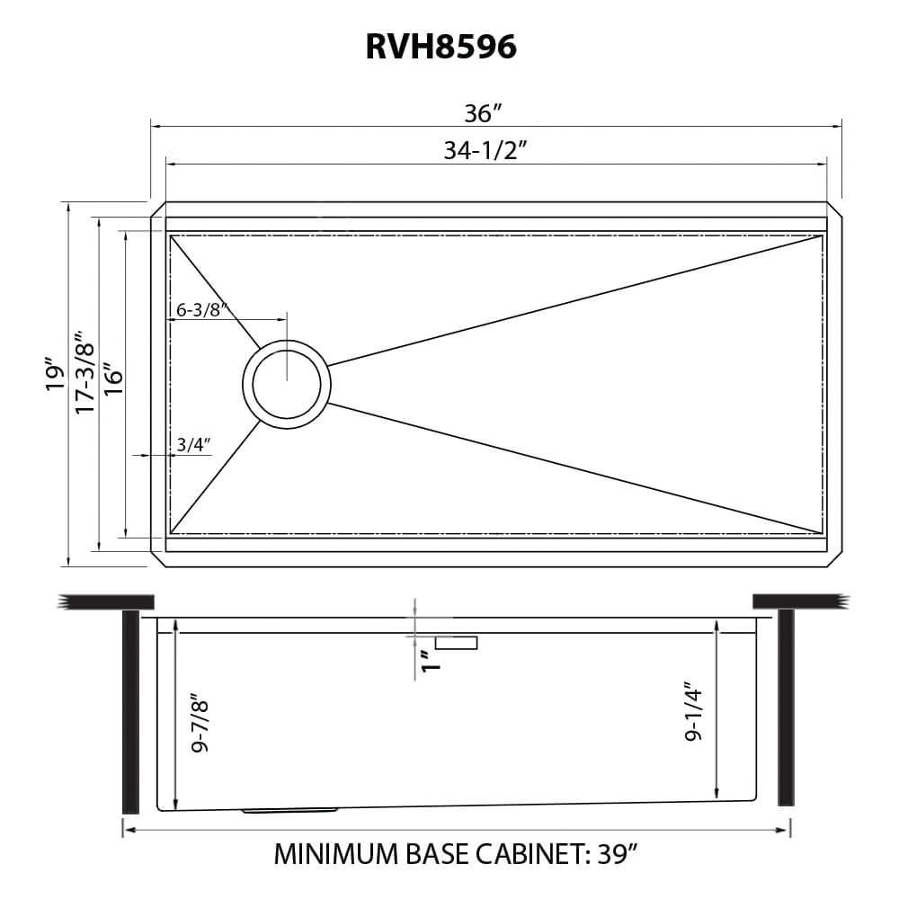 Dimensions Image for Ruvati Veniso 36" Slope Bottom Offset Drain Undermount Stainless Steel Workstation Kitchen Sink, 16 Gauge, RVH8596