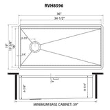 Dimensions for Ruvati Veniso 36" Slope Bottom Offset Drain Undermount Stainless Steel Workstation Kitchen Sink, 16 Gauge, RVH8596