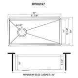 Dimensions for Ruvati Veniso Nova 33" Slope Bottom Offset Drain Undermount Stainless Steel Workstation Kitchen Sink, 16 Gauge, RVH8597