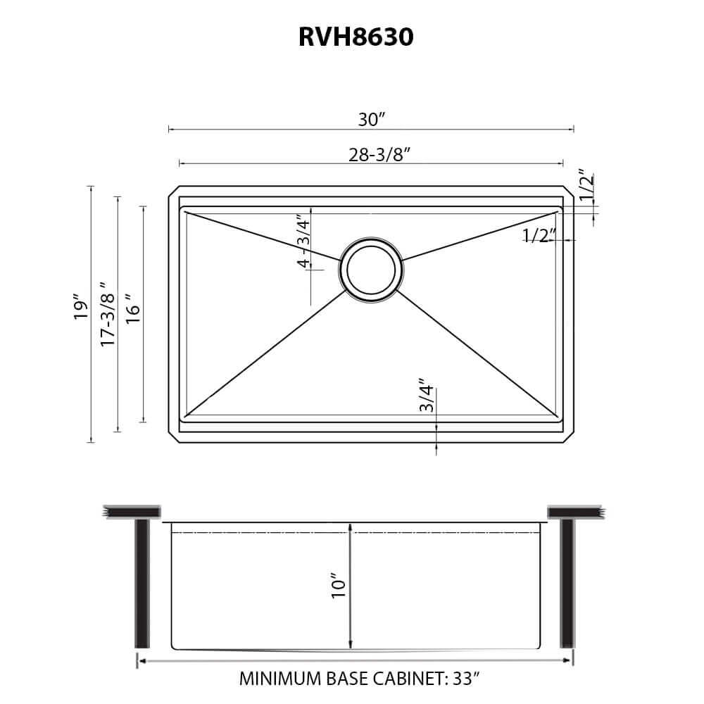 Dimensions Image for Ruvati Roma Hex Hex Bottom 30-inch Workstation Scratch Resistant Embossed Texture Kitchen Sink Stainless Steel, 16, RVH8630