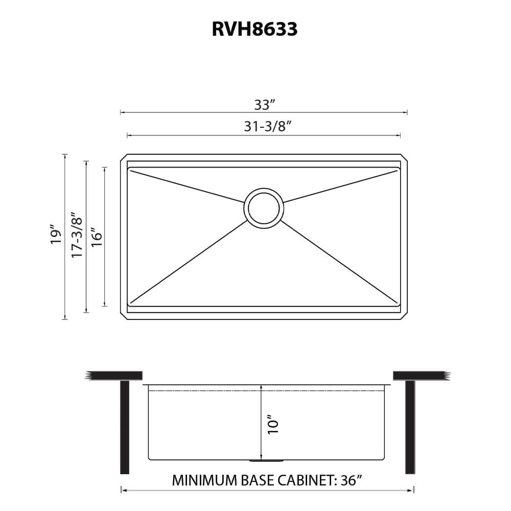 Dimensions Image for Ruvati Roma Hex Hex Bottom 33-inch Workstation Scratch Resistant Embossed Texture Kitchen Sink Stainless Steel, 16, RVH8633