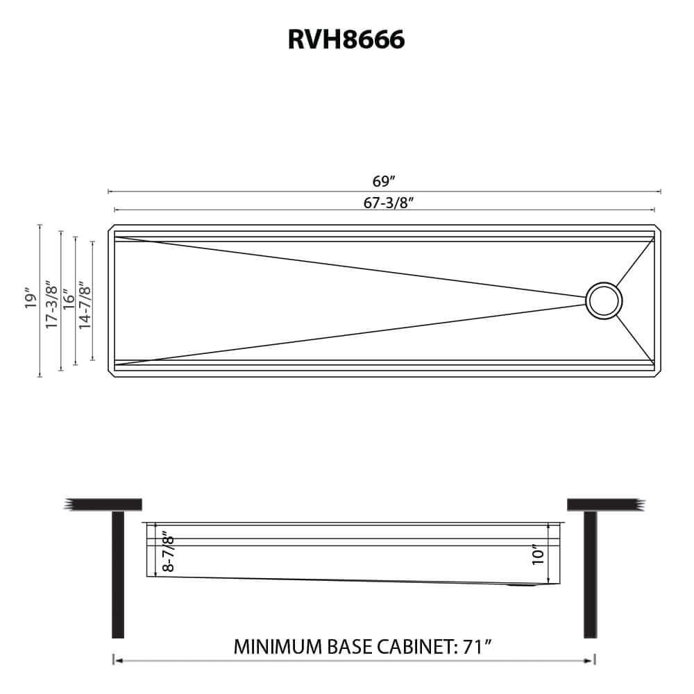 Dimensions Image for Ruvati Dual-Tier 69-inch Workstation Two-Tiered Ledge Kitchen Sink Undermount 16 Gauge Stainless Steel, 16, RVH8666