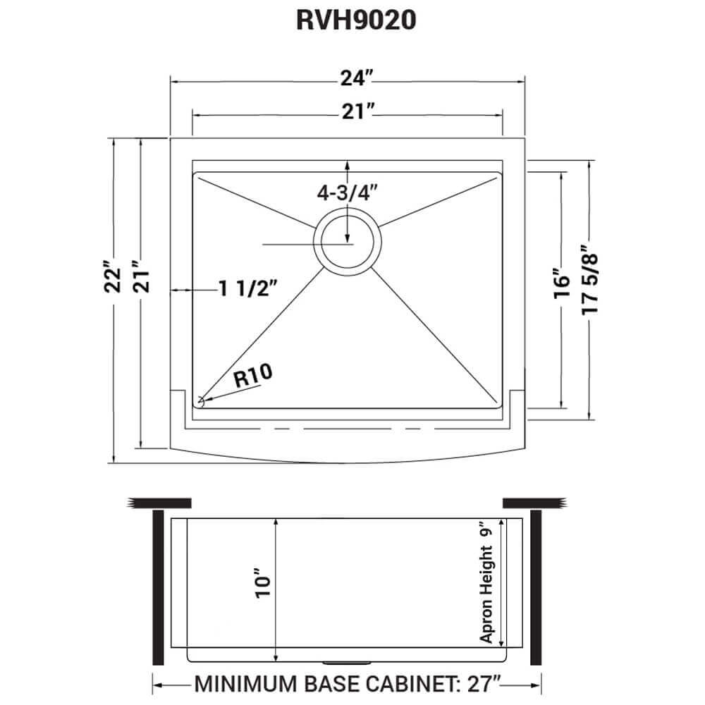 Dimensions Image for Ruvati Verona 24" Stainless Steel Workstation Apron-front Farmhouse Sink, 16 Gauge, RVH9020