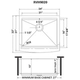 Dimensions for Ruvati Verona 24" Stainless Steel Workstation Apron-front Farmhouse Sink, 16 Gauge, RVH9020