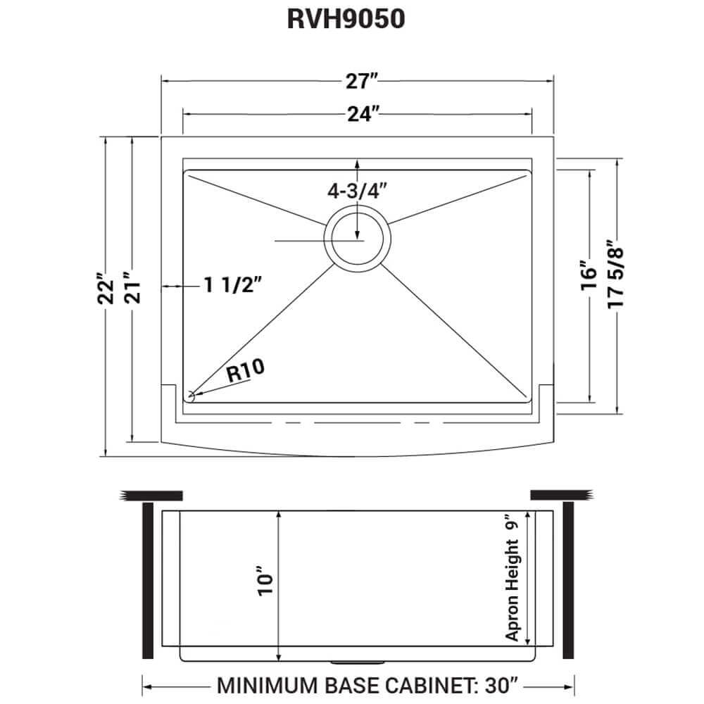 Dimensions Image for Ruvati Verona 27" Stainless Steel Workstation Apron-front Farmhouse Sink, 16 Gauge, RVH9050