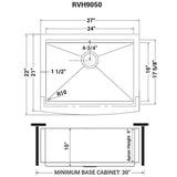 Dimensions for Ruvati Verona 27" Stainless Steel Workstation Apron-front Farmhouse Sink, 16 Gauge, RVH9050