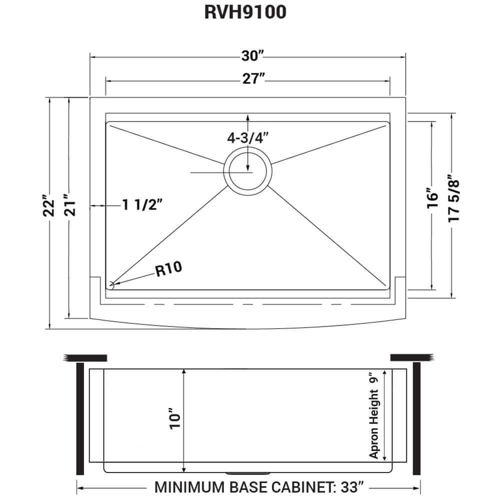 Dimensions Image for Ruvati Verona 30" Stainless Steel Workstation Apron-front Farmhouse Sink, 16 Gauge, RVH9100