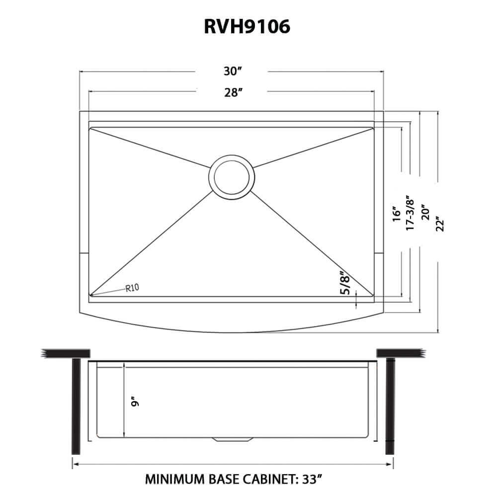 Dimensions Image for Ruvati Monaco 30" Stainless Steel Workstation Apron-front Farmhouse Sink, Matte Gold Brass Tone, 16 Gauge, RVH9106GG