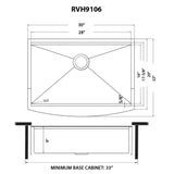 Dimensions Image for Ruvati Monaco 30" Stainless Steel Workstation Apron-front Farmhouse Sink, Gunmetal Matte Black, 16 Gauge, RVH9106BL