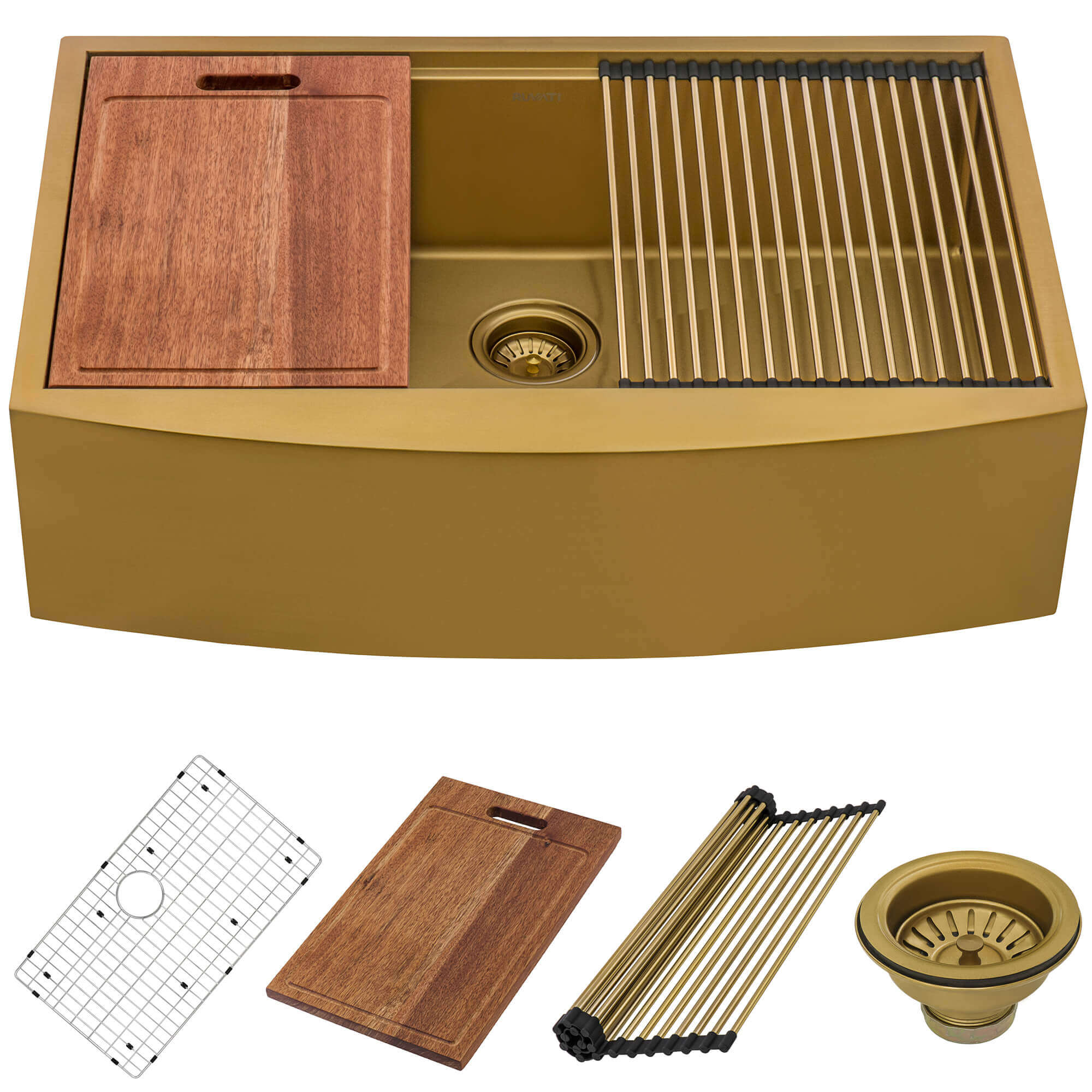 Alternative View of Ruvati Monaco 30" Stainless Steel Workstation Apron-front Farmhouse Sink, Matte Gold Brass Tone, 16 Gauge, RVH9106GG