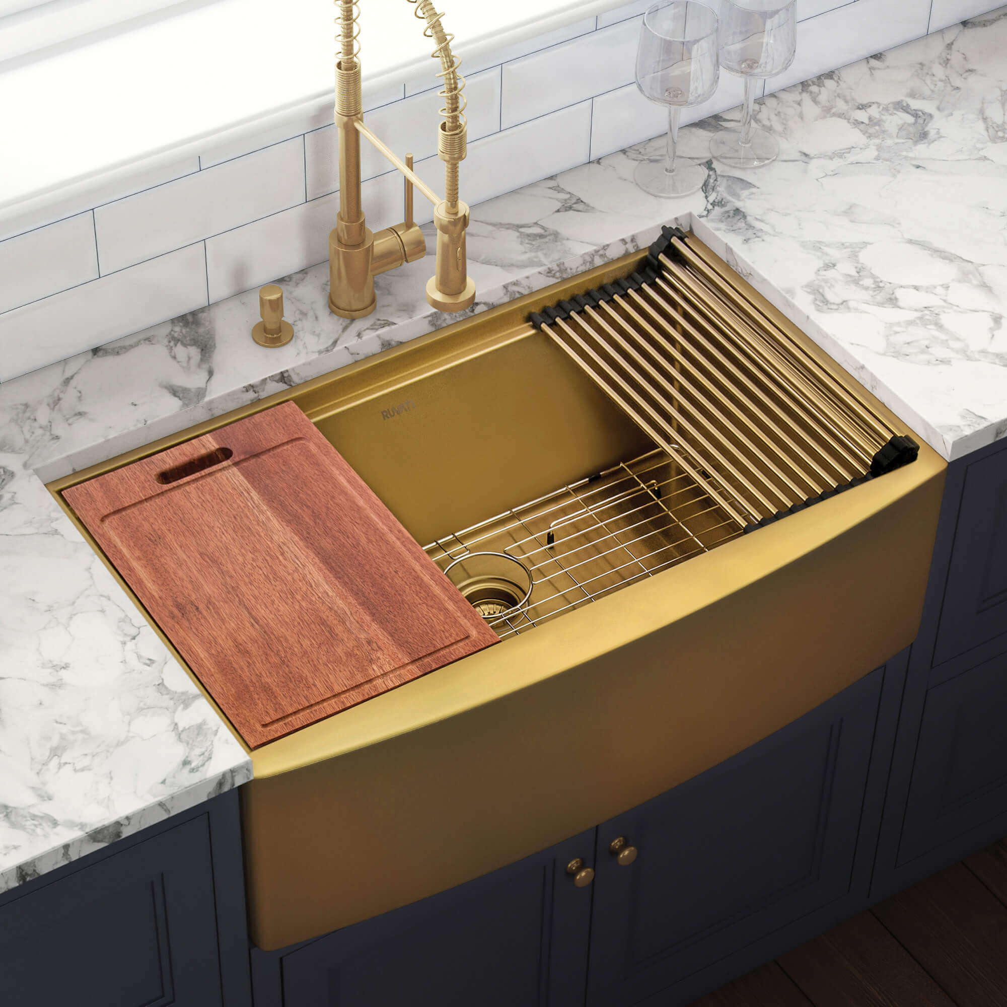 Alternative View of Ruvati Monaco 30" Stainless Steel Workstation Apron-front Farmhouse Sink, Matte Gold Brass Tone, 16 Gauge, RVH9106GG