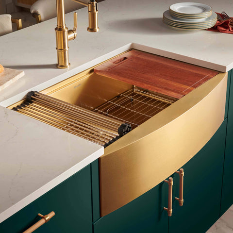 Main Image of Ruvati Monaco 30" Stainless Steel Workstation Apron-front Farmhouse Sink, Matte Gold Brass Tone, 16 Gauge, RVH9106GG