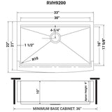 Dimensions for Ruvati Verona 33" Stainless Steel Workstation Apron-front Farmhouse Sink, 16 Gauge, RVH9200