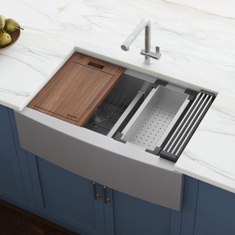 Main Image of Ruvati Verona 33" Stainless Steel Workstation Apron-front Farmhouse Sink, 60/40 Low Divide Double Bowl, 16 Gauge, RVH9201