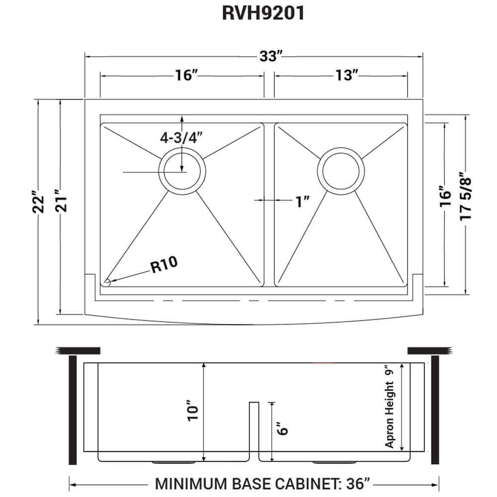 Dimensions Image for Ruvati Verona 33" Stainless Steel Workstation Apron-front Farmhouse Sink, 60/40 Low Divide Double Bowl, 16 Gauge, RVH9201