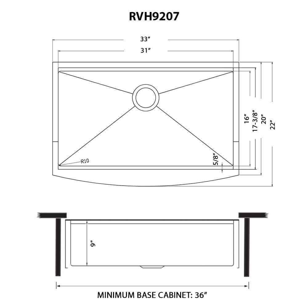 Dimensions Image for Ruvati Monaco 33" Stainless Steel Workstation Apron-front Farmhouse Sink, Matte Gold Brass Tone, 16 Gauge, RVH9207GG