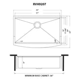 Dimensions Image for Ruvati Monaco 33" Stainless Steel Workstation Apron-front Farmhouse Sink, Gunmetal Matte Black, 16 Gauge, RVH9207BL