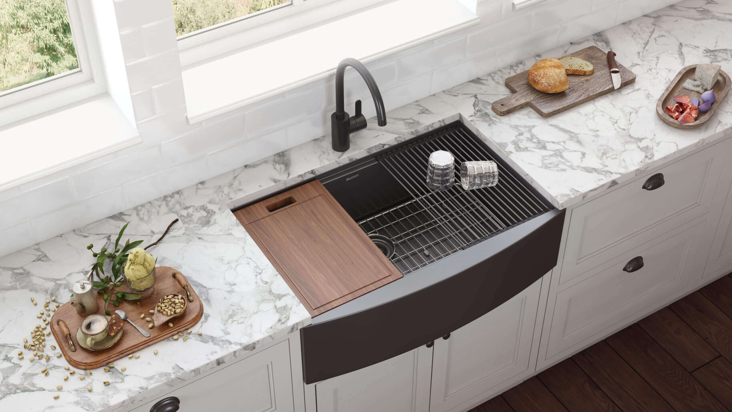 Alternative View of Ruvati Monaco 33" Stainless Steel Workstation Apron-front Farmhouse Sink, Gunmetal Matte Black, 16 Gauge, RVH9207BL