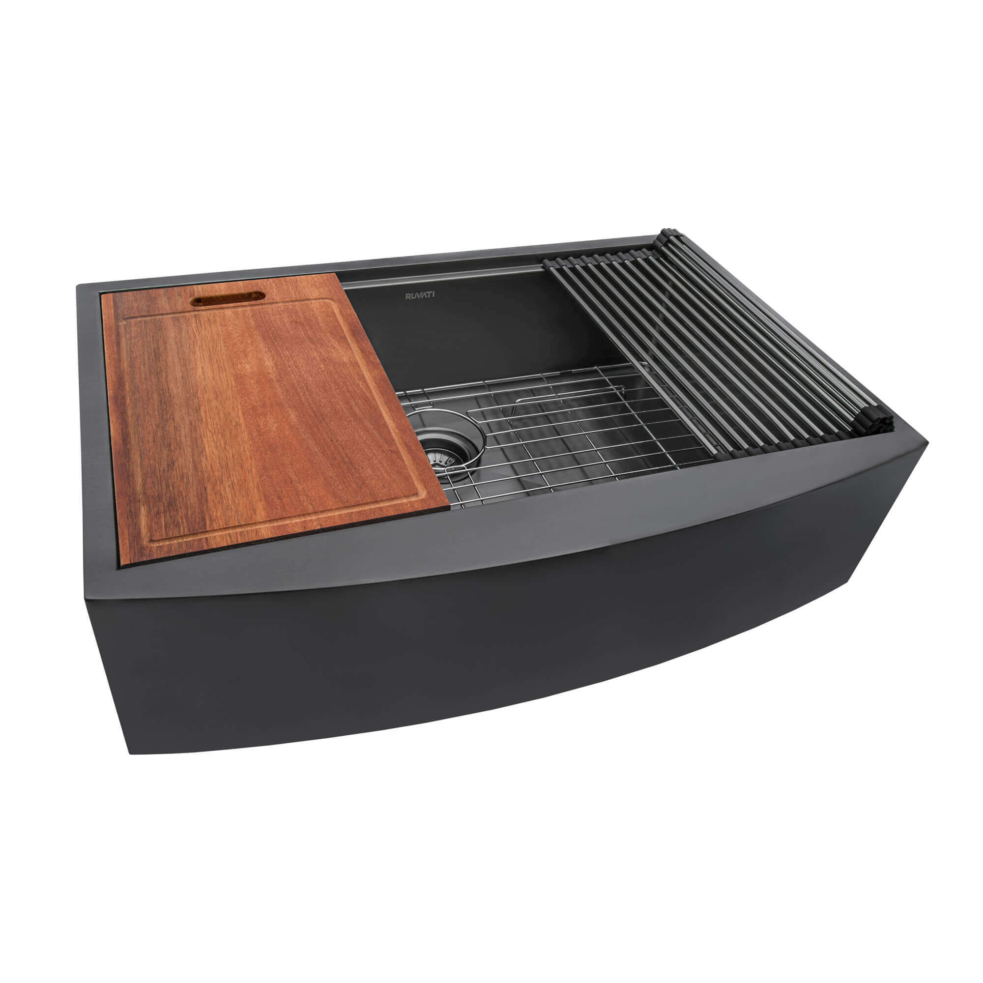 Alternative View of Ruvati Monaco 33" Stainless Steel Workstation Apron-front Farmhouse Sink, Gunmetal Matte Black, 16 Gauge, RVH9207BL