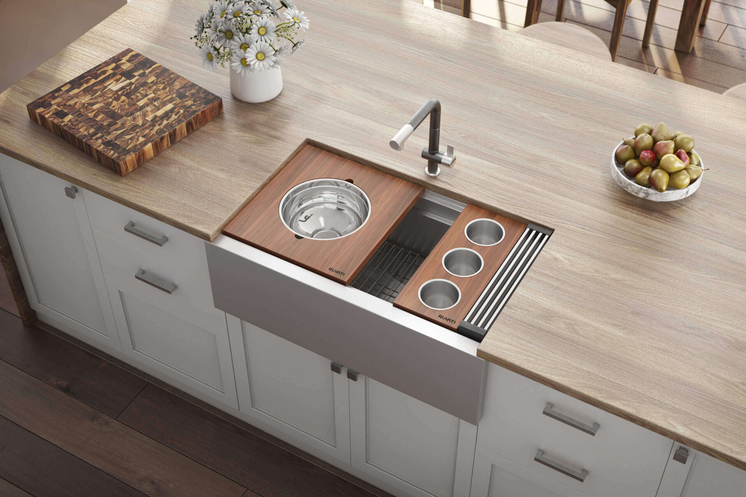 Alternative View of Ruvati Dual-Tier 34" Stainless Steel Workstation Apron-front Farmhouse Sink, 16 Gauge, RVH9222