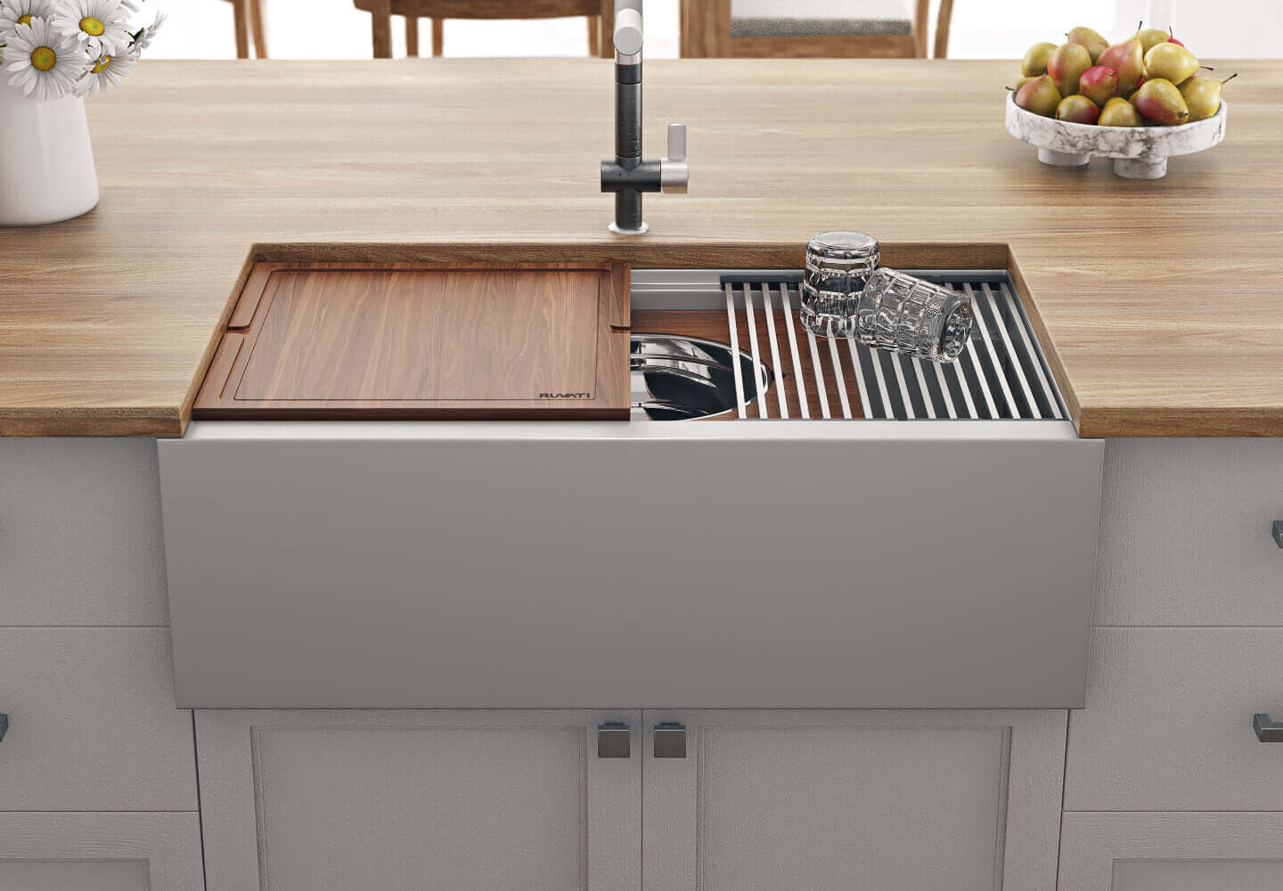 Alternative View of Ruvati Dual-Tier 34" Stainless Steel Workstation Apron-front Farmhouse Sink, 16 Gauge, RVH9222
