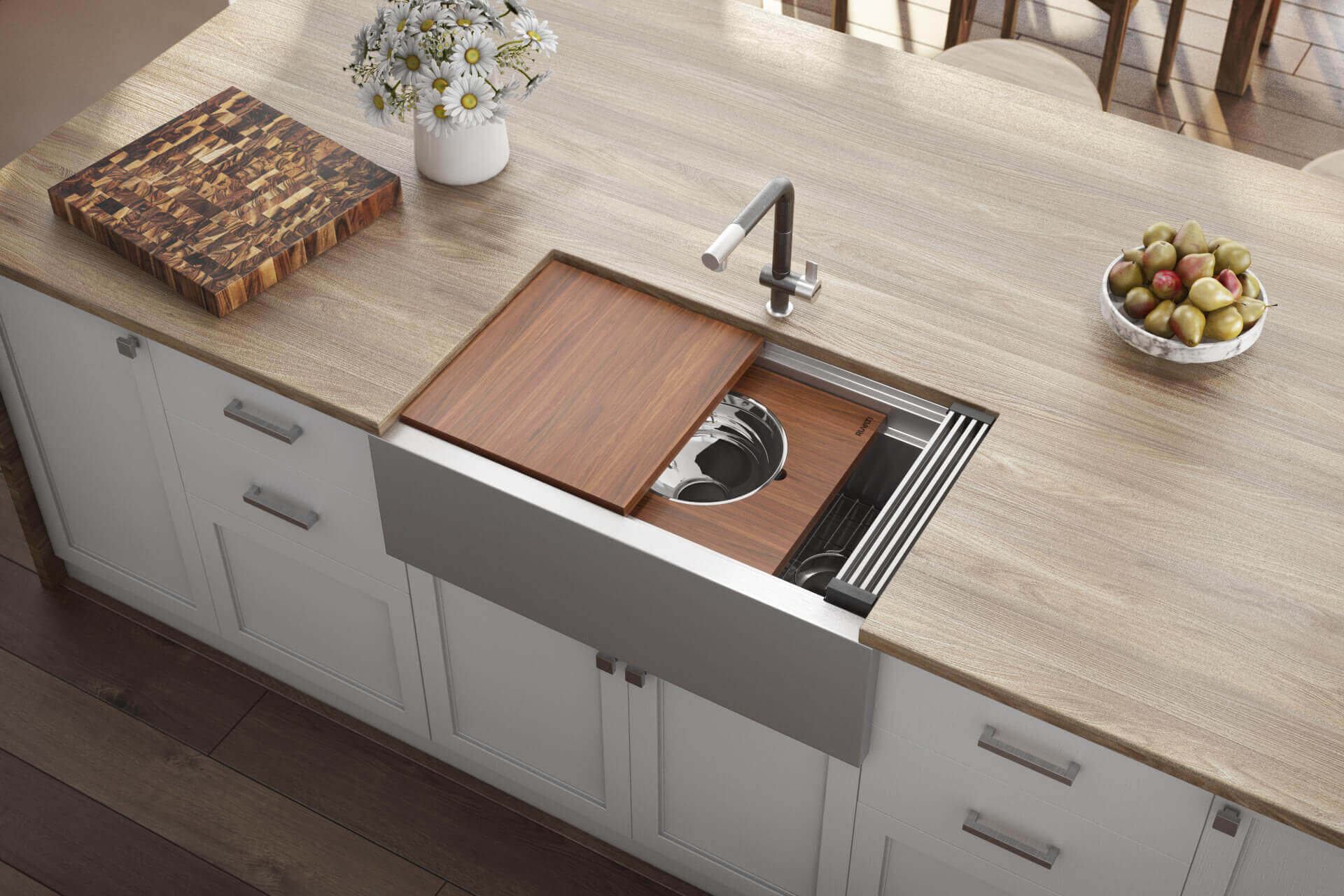 Alternative View of Ruvati Dual-Tier 34" Stainless Steel Workstation Apron-front Farmhouse Sink, 16 Gauge, RVH9222