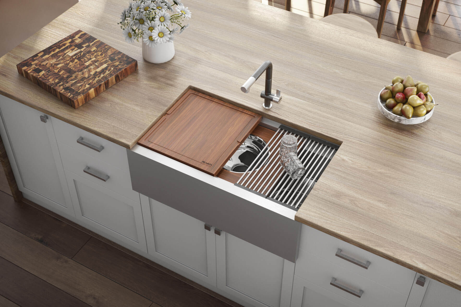 Alternative View of Ruvati Dual-Tier 34" Stainless Steel Workstation Apron-front Farmhouse Sink, 16 Gauge, RVH9222