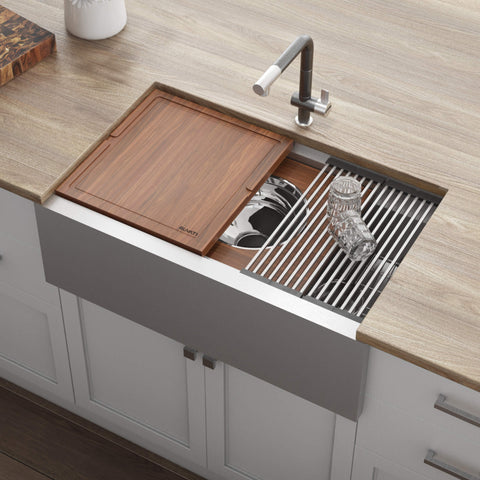 Main Image of Ruvati Dual-Tier 34" Stainless Steel Workstation Apron-front Farmhouse Sink, 16 Gauge, RVH9222