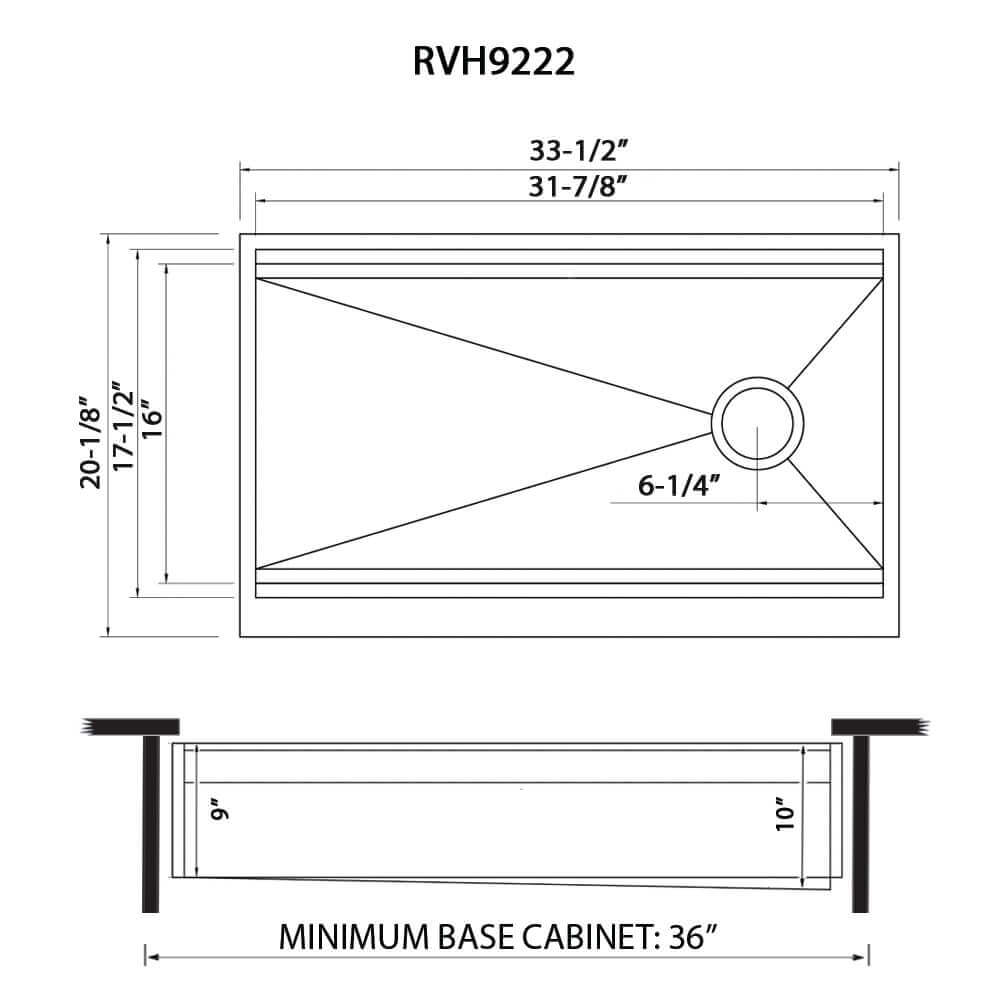 Dimensions Image for Ruvati Dual-Tier 34" Stainless Steel Workstation Apron-front Farmhouse Sink, 16 Gauge, RVH9222