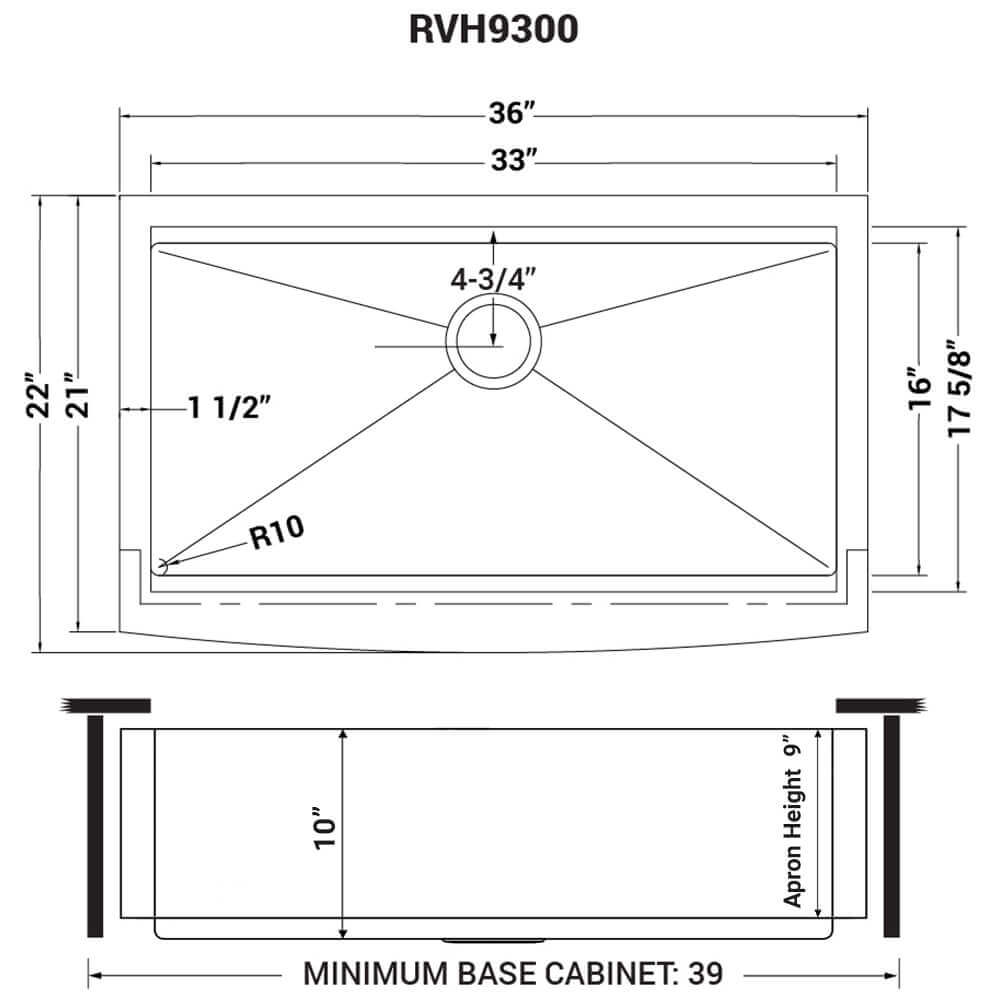 Dimensions Image for Ruvati Verona 36" Stainless Steel Workstation Apron-front Farmhouse Sink, 16 Gauge, RVH9300